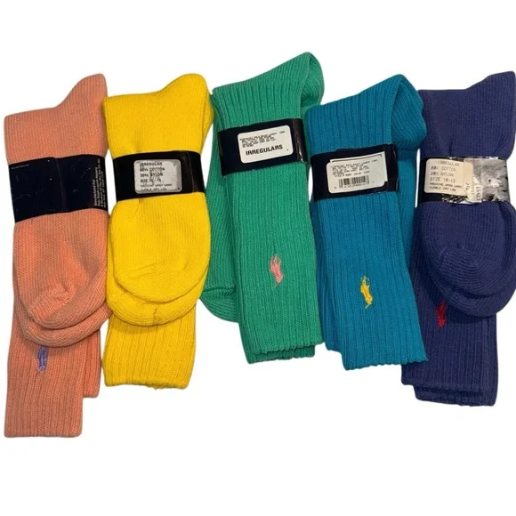 Vtg NOS Polo Ralph Lauren Crew Socks Lot Mens Teal Ribbed Pony Logo 5 Pair Multi - Picture 3 of 10